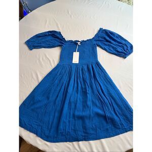 KOY Resort Women’s Small Blue Off Shoulder Smocked Midi Dress Puff Sleeve NWT